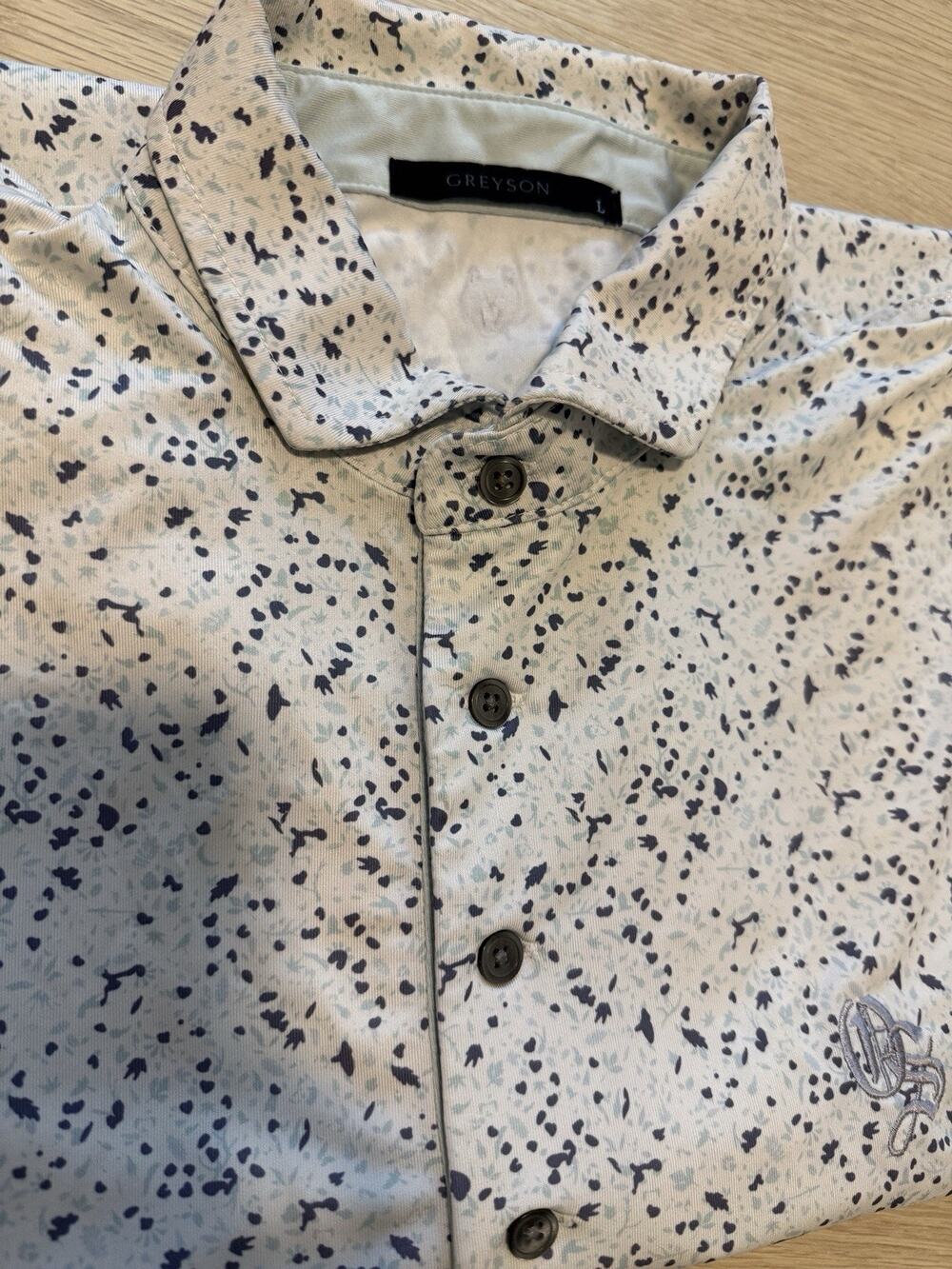 Greyson Polo Men's L Old Sandwich Golf Club Coore Crenshaw Blue White Speckled